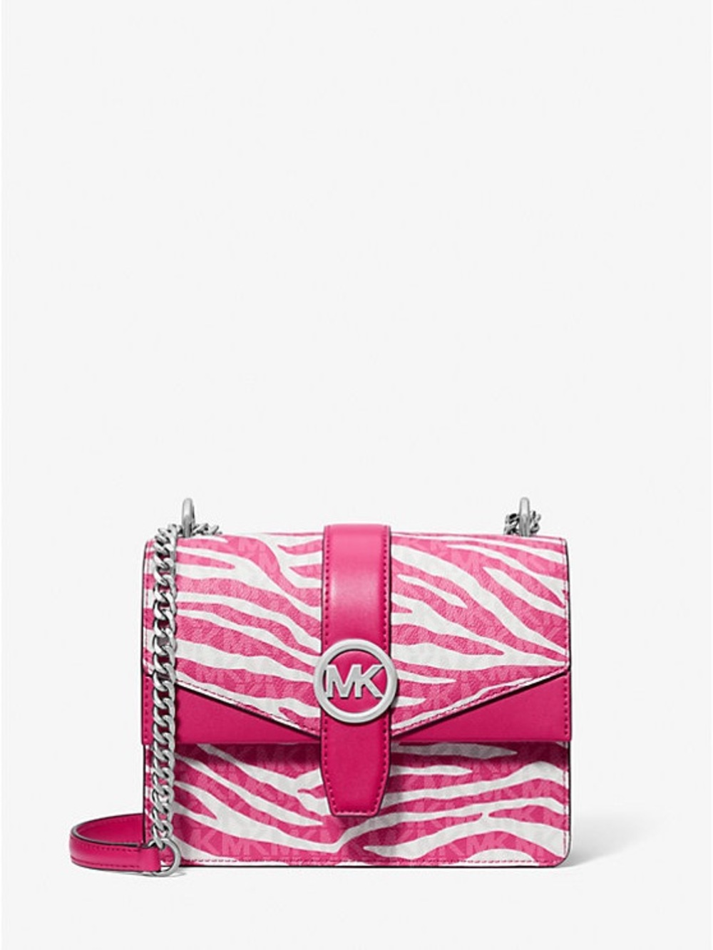 NWT $498 Michael Kors Pink GREENWICH Zebra-Print Leather MK LOGO Crossbody